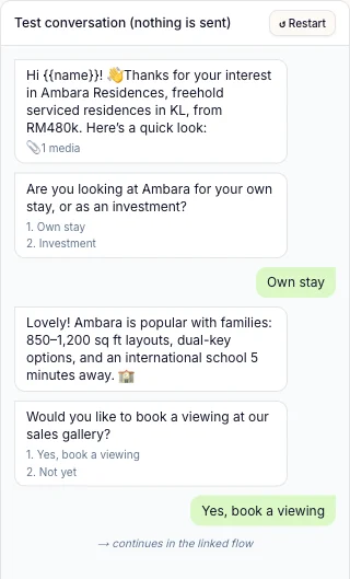 The test conversation panel: bot messages, an attached-media note, numbered answers, the customer's picks, and the hand-over into the linked flow.